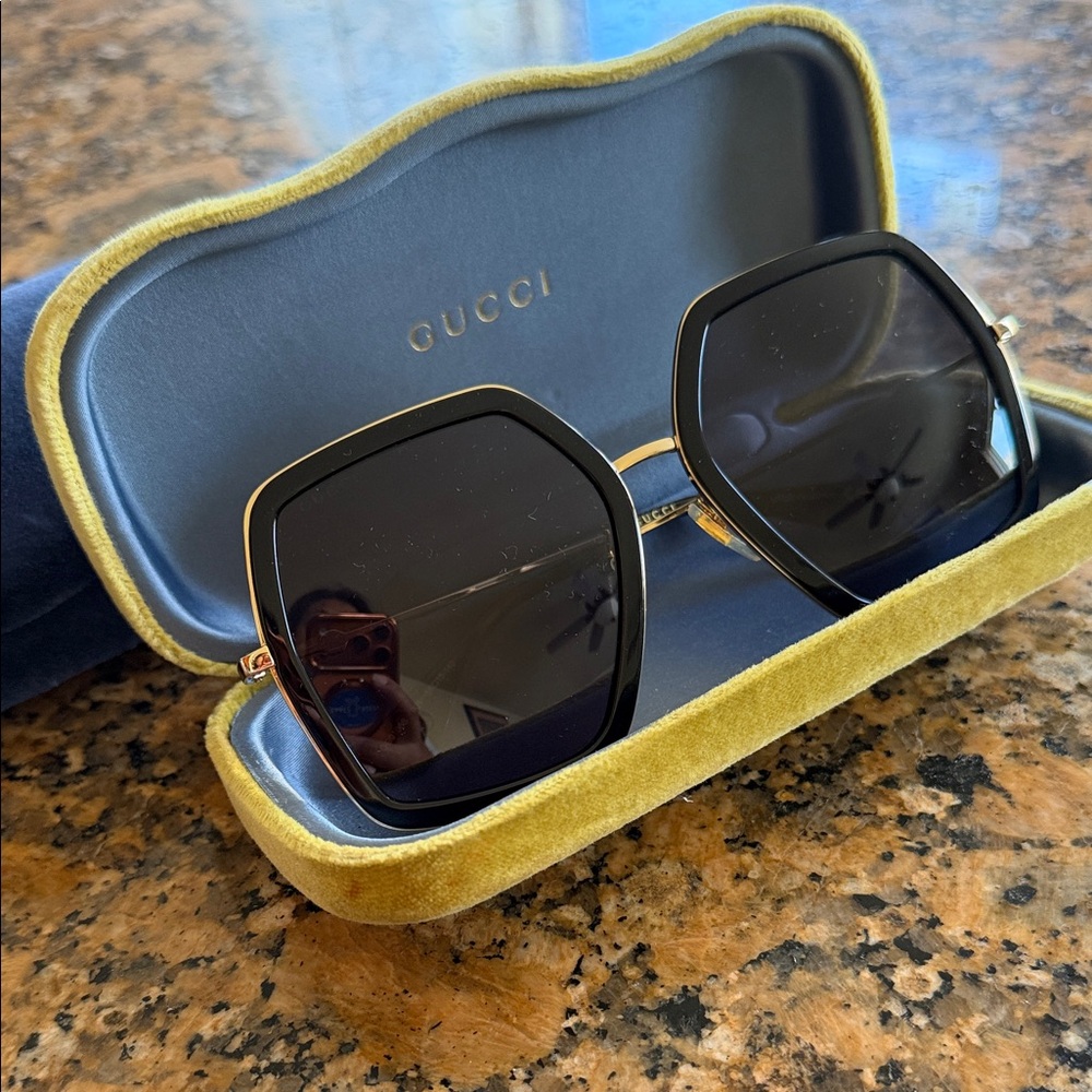 Gucci Gold and Black Square Sunglasses